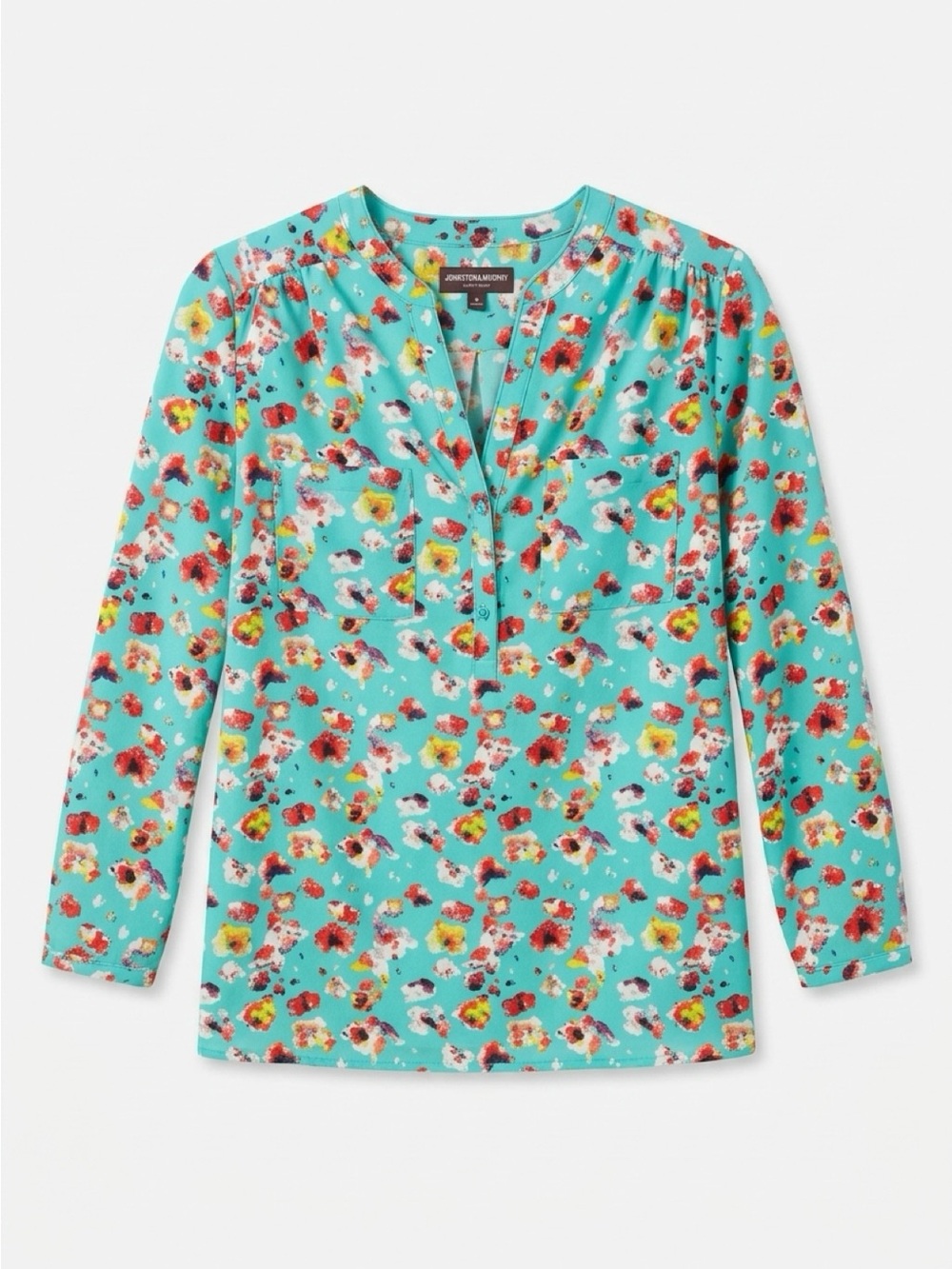Johnston & Murphy Aqua Floral Long-Sleeve V-Neck Blouse
